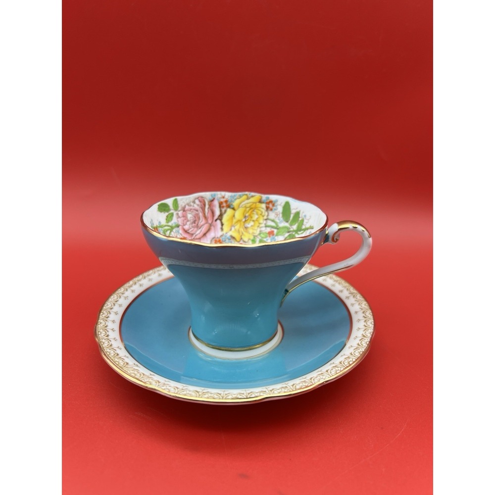 Vintage Aynsley Cabbage Rose Turquoise Corset Cup & Saucer Raised Paint